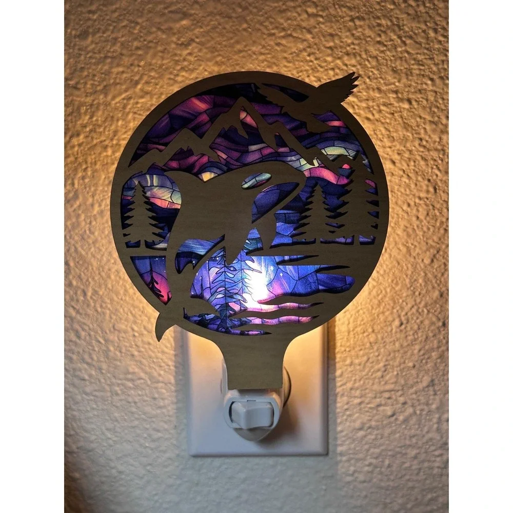 Orca Whale Night Light‎ Wood Pacific Northwest Mountain Scene Handcrafted